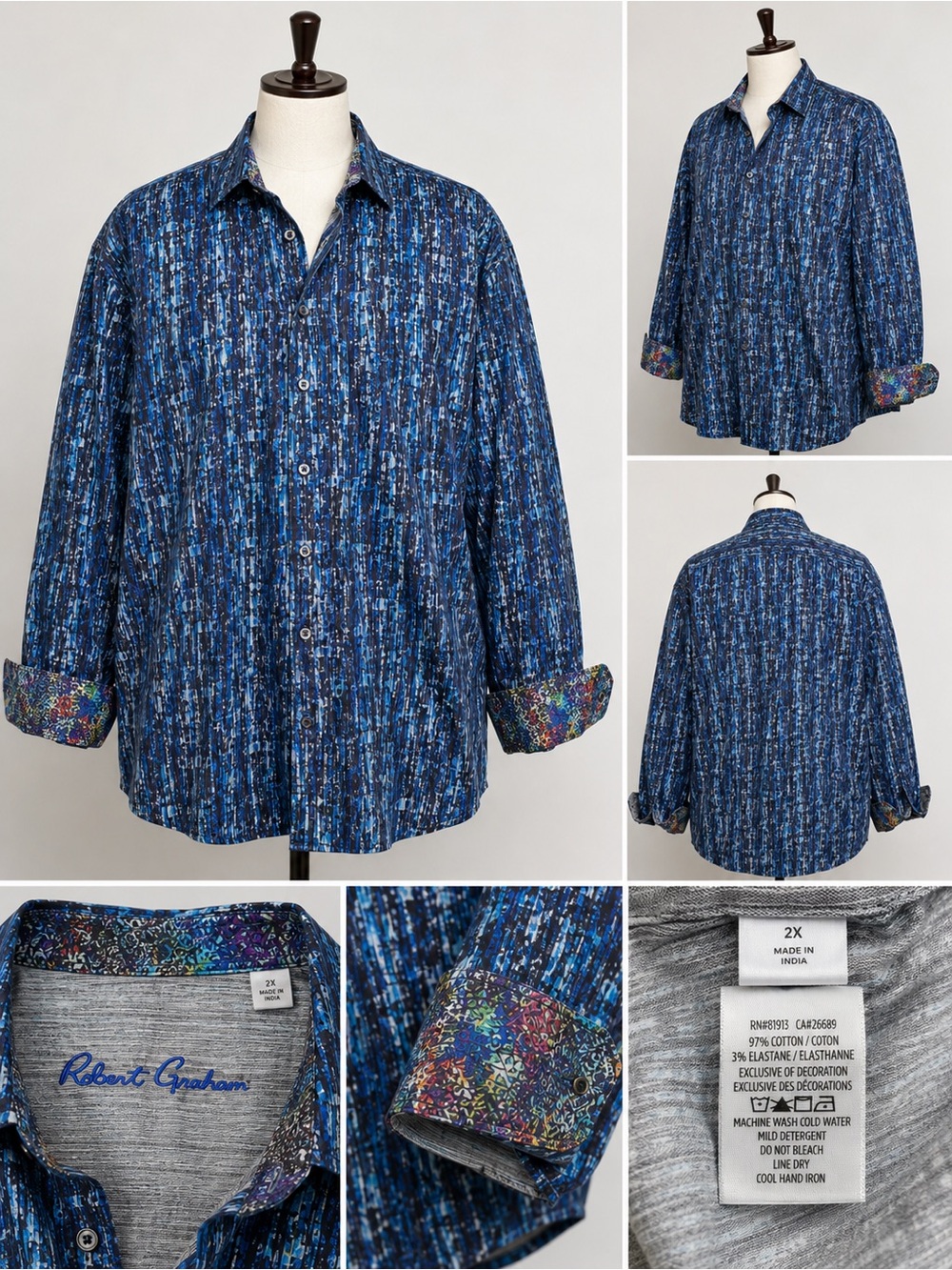 Robert Graham Men's 2XLT Blue Abstract Print Stretch Button Up Flip Cuff Shirt